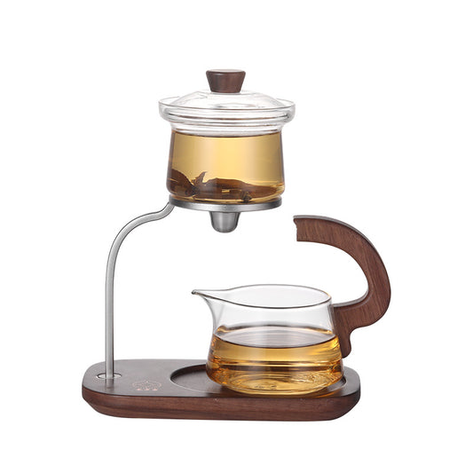 Walnut wood tea pot, glass tea infuser pot, automatic water dispenser cup, tea set filter, magnetic absorption tea pot set, for household use.